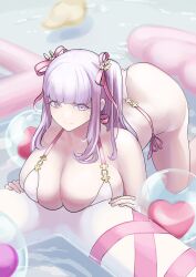 Rule 34 | 1girl, absurdres, ass, azur lane, ball, bare shoulders, beachball, bent over, bikini, breasts, cleavage, closed mouth, hair ornament, hair ribbon, highres, huge breasts, looking at viewer, official alternate costume, pink ribbon, plymouth (azur lane), plymouth (heart-throbbing refreshment) (azur lane), purple eyes, purple hair, ribbon, shima, side-tie bikini bottom, smile, solo, star (symbol), star hair ornament, swimsuit, thighs, twintails, wading pool, water, white bikini