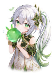 Rule 34 | 1girl, bare shoulders, commentary request, cropped torso, cross-shaped pupils, dress, genshin impact, gradient hair, green eyes, green hair, grey hair, hair between eyes, hands up, has bad revision, has downscaled revision, higeneko, highres, holding, md5 mismatch, multicolored hair, nahida (genshin impact), pointy ears, resolution mismatch, side ponytail, simple background, sleeveless, sleeveless dress, solo, source smaller, streaked hair, symbol-shaped pupils, white background, white dress