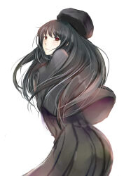 Rule 34 | 1girl, alternate costume, black capelet, black hair, black headwear, black skirt, buttons, capelet, flowers (innocent grey), highres, innocent grey, kara no shoujo, kuchiki touko, long hair, looking at viewer, looking back, red eyes, school uniform, simple background, skirt, smile, solo, white background, winter clothes, winter uniform, xephere