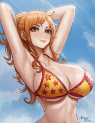 Rule 34 | 1girl, bikini, breasts, kyopink, large breasts, long hair, nami (one piece), one piece, solo, sweat, swimsuit