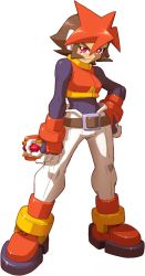 Rule 34 | 1girl, android, atlas (mega man), belt, brown hair, buckle, capcom, dyed bangs, full body, highres, holding, looking at viewer, mega man (series), mega man zx, mega man zx advent, model f, multicolored hair, official art, orange hair, red eyes, red hair, short hair, simple background, solo, standing, white background, yabe makoto