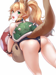 Rule 34 | 1girl, alternate eye color, ass, back, bad id, bad pixiv id, bare shoulders, black leotard, blonde hair, blush, bowsette, carrying, curvy, doll, earrings, from behind, green eyes, hair between eyes, highleg, highleg leotard, hip focus, jewelry, kneepits, legs, leotard, long hair, looking at viewer, looking back, mario (series), new super mario bros. u deluxe, nintendo, nyaa (nyaanyaa), open mouth, pointy ears, ponytail, sharp teeth, short hair, sidelocks, simple background, solo, spiked shell, spiked tail, strapless, strapless leotard, super crown, super mushroom, tail, teeth, thick thighs, thighs, tongue, walking, white background, wide hips