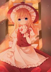 Rule 34 | 1girl, :o, apron, arm up, black skirt, black vest, blonde hair, blue eyes, cacao (cacaomgmg), clenched hand, commentary request, cowboy shot, hair between eyes, hand on own chin, hat, highres, kirisame marisa, light particles, long hair, looking at viewer, puffy short sleeves, puffy sleeves, shirt, short sleeves, skirt, solo, standing, touhou, twilight, very long hair, vest, waist apron, white shirt, window, witch hat, wrist cuffs
