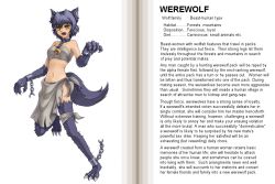 Rule 34 | 1girl, animal ears, animal hands, blue hair, blush, chain, character profile, choker, claws, collar, crescent, crescent moon, cuffs, dog, dog ears, english text, fang, fangs, fur, grey hair, hard-translated, kenkou cross, midriff, monster girl, monster girl encyclopedia, moon, navel, official art, open mouth, shackles, solo, standing, standing on one leg, tail, third-party edit, translated, werewolf, werewolf (monster girl encyclopedia), wolf, wolf ears, wolf tail, yellow eyes