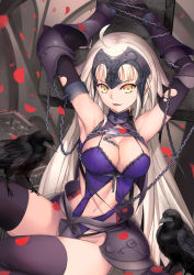 Rule 34 | 1girl, armor, armpits, bdsm, blonde hair, bondage, bound, breasts, cleavage, crucifixion, fate/grand order, fate/stay night, fate (series), gauntlets, headpiece, highres, jeanne d&#039;arc (fate), jeanne d&#039;arc alter (avenger) (fate), jeanne d&#039;arc alter (avenger) (third ascension) (fate), jeanne d&#039;arc alter (fate), large breasts, long hair, looking at viewer, navel, restrained, ruler (fate/grand order), smile, solo, thighhighs, thighs, tsuki suigetsu, type-moon, yellow eyes