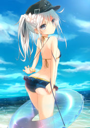 Rule 34 | 10s, 1girl, alternate hairstyle, ass, beach, bikini, blue eyes, blush, breasts, butt crack, cloud, day, destroyer, dutch angle, flower, frilled bikini, frills, gradient background, hair flower, hair ornament, hair ribbon, has bad revision, has downscaled revision, hat, hibiki (kancolle), highres, innertube, kantai collection, lens flare, long hair, looking at viewer, looking back, md5 mismatch, military, military vehicle, outdoors, ponytail, resolution mismatch, ribbon, scrunchie, ship, silver hair, sky, small breasts, solo, source smaller, striped bikini, striped clothes, sune (mugendai), suneo, swim ring, swimsuit, thighs, warship, watercraft