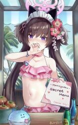 Rule 34 | 1girl, absurdres, animal ears, aviary, bikini, blue archive, blush, breasts, brown hair, cat ears, choker, commentary, covering own mouth, dated, english commentary, fake animal ears, flower, frilled bikini, frills, hair flower, hair ornament, halo, highres, holding, holding menu, long hair, looking at viewer, maid headdress, menu, official alternate costume, pink bikini, pink choker, pink halo, shizuko (blue archive), shizuko (swimsuit) (blue archive), signature, small breasts, solo, swimsuit, twintails