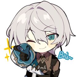 Rule 34 | 1boy, black gloves, brown jacket, closed mouth, earrings, gloves, green eyes, highres, honkai (series), honkai impact 3rd, jacket, jewelry, long sleeves, lyle collodi (honkai impact), multicolored clothes, multicolored jacket, official art, one eye closed, short hair, single earring, solo, transparent background, upper body, white hair, white jacket