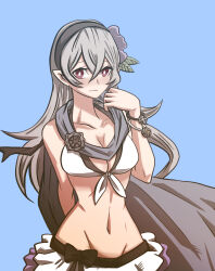 Rule 34 | 1girl, arm behind back, armpits, artist request, bikini, bikini skirt, black hairband, blue background, bracelet, breasts, cape, cleavage, clenched hand, collarbone, corrin (female) (fire emblem), corrin (female) (summer) (fire emblem), corrin (fire emblem), eyelashes, female focus, fire emblem, fire emblem fates, fire emblem heroes, flower, flower on head, front-tie bikini top, front-tie top, grey cape, groin, hair between eyes, hair ornament, hairband, hand up, highres, intelligent systems, jewelry, long hair, medium breasts, midriff, navel, neck, nintendo, official alternate costume, pointy ears, red eyes, shy, sidelocks, simple background, standing, swimsuit, wavy hair, white bikini, white hair
