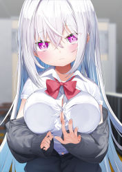 Rule 34 | 1girl, absurdres, blue hair, blurry, blurry background, bow, breasts, cleavage, closed mouth, collared shirt, commentary request, depth of field, dress shirt, grey jacket, hair between eyes, highres, indoors, jacket, kamioka shun&#039;ya, large breasts, long hair, long sleeves, looking at viewer, off shoulder, open clothes, open jacket, original, puffy long sleeves, puffy sleeves, purple eyes, red bow, shiori (kamioka shun&#039;ya), shirt, sleeves past wrists, solo, upper body, very long hair, white hair, white shirt