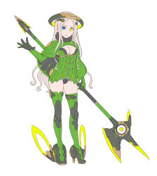 Rule 34 | 1girl, armor, axe, battle axe, blue eyes, boots, breasts, capelet, closed mouth, commentary request, contrapposto, dress, elbow gloves, enkyo yuuichirou, full body, gloves, green capelet, green dress, green thighhighs, halo, heterochromia, high heel boots, high heels, highres, holding, holding weapon, leotard, long hair, looking at viewer, medium breasts, original, short dress, simple background, solo, standing, thigh boots, thighhighs, weapon, white background, yellow eyes