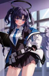 Rule 34 | 1girl, absurdres, belt, black hair, blue archive, blue eyes, blush, breasts, buttons, day, etesumsom, floating, floating object, gloves, hair ornament, halo, hand on own hip, highres, holding, id card, indoors, jacket, long hair, long sleeves, looking at viewer, necktie, open clothes, open jacket, open mouth, page number, pleated skirt, scan, shiny skin, skirt, small breasts, solo, tablet pc, thighs, twintails, window, yuuka (blue archive)