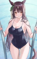 Rule 34 | 1girl, absurdres, animal ears, blush, bow, breasts, brown hair, cleavage, ear ribbon, green ribbon, highres, horse ears, horse girl, horse tail, huziko32, large breasts, long hair, looking at viewer, one-piece swimsuit, orange eyes, pool, ribbon, satono diamond (umamusume), school swimsuit, solo, swimsuit, tail, thighs, umamusume, water, wet, wet hair