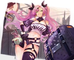 Rule 34 | 1girl, absurdres, bare shoulders, belt, black belt, black jacket, black ribbon, black shorts, black thighhighs, breasts, briefcase, clothing cutout, commentary request, cowboy shot, green eyes, grin, hair ornament, hair ribbon, hairclip, highres, holding, holding briefcase, j. artur, jacket, large breasts, long hair, looking at viewer, micro shorts, midriff, navel, nicole demara, open clothes, open jacket, pink hair, ribbon, short sleeves, shorts, shoulder cutout, single thighhigh, smile, solo, standing, stomach, strapless, thighhighs, thighs, tube top, two side up, very long hair, zenless zone zero