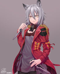 Rule 34 | +++, 1girl, absurdres, animal ear fluff, animal ears, arknights, black pantyhose, breasts, brown background, chibi, chibi inset, closed mouth, commentary request, cowboy shot, doctor (arknights), dress, fur-trimmed jacket, fur trim, grey dress, grey hair, hair between eyes, highres, holding, hood, hood down, hooded jacket, jacket, looking at viewer, makise minami, open clothes, open jacket, pantyhose, projekt red (arknights), red jacket, short dress, signature, simple background, small breasts, solo focus, v-shaped eyebrows, yellow eyes
