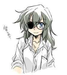 Rule 34 | 10s, 1girl, character request, eyepatch, green hair, kai (akamekogeme), kantai collection, kiso (kancolle), long hair, simple background, smile, solo, translation request, white background
