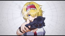 Rule 34 | 1girl, aiming, aiming at viewer, alice margatroid, blonde hair, blue eyes, capelet, cigarette, closed mouth, commentary, cookie (touhou), english commentary, frilled hairband, frills, gun, hair between eyes, hair over one eye, hairband, handgun, holding, holding gun, holding weapon, jigen (cookie), letterboxed, looking at viewer, nanariku, necktie, red hairband, red necktie, revolver, second-party source, short hair, smoking, solo, touhou, upper body, weapon, white capelet