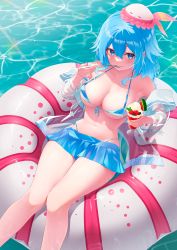 Rule 34 | 1girl, bare shoulders, bikini, blue bikini, blue eyes, blue hair, blue skirt, blush, breasts, cleavage, collarbone, commentary request, commission, eating, fang, floating, food, hair ornament, haiyi, halterneck, hat, highleg, highleg bikini, highres, holding, holding spoon, ice cream, ice cream cup, innertube, kanpa (campagne 9), large breasts, long hair, looking at viewer, micro bikini, microskirt, off shoulder, on water, open clothes, open shirt, pixiv commission, pleated skirt, see-through, see-through shirt, sitting, skin fang, skirt, solo, spoon, swim ring, swimsuit, synthesizer v, thighs, underboob, water