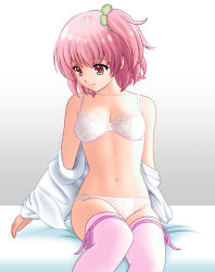 Rule 34 | 1girl, assault lily, bare shoulders, bed sheet, bra, breasts, brown eyes, closed mouth, clover hair ornament, collarbone, commentary request, feet out of frame, four-leaf clover hair ornament, gradient background, grey background, hair ornament, hitotsuyanagi riri, leg ribbon, long sleeves, looking away, looking down, navel, no pants, one side up, open clothes, open mouth, open shirt, panties, pink hair, pink ribbon, pink thighhighs, ribbon, sakurai mashiro, shirt, short hair, sitting, small breasts, smile, solo, stomach, thighhighs, underwear, undressing, white background, white bra, white panties, white shirt