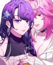 Rule 34 | 2girls, alkalilyy, bare shoulders, breasts, choker, cleavage, closed mouth, commentary, contemporary, cup, disposable cup, english commentary, flower, genshin impact, hair between eyes, hair flower, hair ornament, hairclip, highres, holding, holding cup, large breasts, long hair, long sleeves, looking at viewer, multiple girls, nail polish, open mouth, pink hair, pink nails, purple eyes, purple flower, purple hair, raiden shogun, simple background, smile, sweater, white background, yae miko