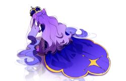 Rule 34 | 1girl, aoi tete, artist logo, blue cape, cape, commentary, crown, cure majesty, dress, ellee-chan, english commentary, highres, hirogaru sky! precure, kneeling, long hair, magical girl, precure, purple dress, purple hair, simple background, solo, white background