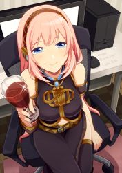 Rule 34 | 1girl, belt, blue eyes, blue nails, blush, breasts, chair, computer, cup, desk, drinking glass, english text, eyebrows, happy birthday, holding, holding cup, holding drinking glass, indoors, long hair, looking at viewer, megurine luka, monitor, mouse (animal), nail polish, nokuhashi, office chair, pink hair, room, rug, sitting, skirt, smile, solo, swivel chair, text focus, thighhighs, very long hair, vocaloid, wine glass