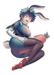 Rule 34 | 1girl, animal ears, areola slip, ass, black thighhighs, bodysuit, boku no hero academia, breasts, carrot, commentary request, freckles, genderswap, genderswap (mtf), gloves, green bodysuit, green eyes, green hair, high heels, highres, hood, hooded bodysuit, large breasts, looking at viewer, lying, midoriya izuku, on side, open mouth, rabbit ears, rabbit tail, red footwear, red heels, salmon (657931354), short hair, simple background, smile, solo, stuffed toy, tail, thighhighs, tongue, tongue out, white background, white gloves