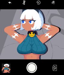 Rule 34 | 1girl, abs, animal ears, animated, animated gif, bell, blue eyes, bob cut, breasts, cat ears, cellphone, cleavage, collar, ezomodas, scar on face, fang, looking at viewer, ms. fortune (skullgirls), phone, pixel art, scar, scar on cheek, scar on face, short hair, skullgirls, smartphone, smile, thong, ugoira, underboob, v, white hair, wind