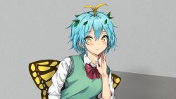 Rule 34 | 1girl, alternate costume, amagi (amagi626), antennae, aqua hair, blouse, blush, butterfly wings, closed mouth, commission, cropped, eternity larva, fairy, green vest, hair between eyes, highres, insect wings, leaf, leaf on head, long sleeves, paid reward available, school uniform, shirt, short hair, smile, solo, touhou, upper body, vest, white shirt, wings, yellow eyes