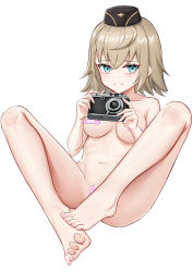 Rule 34 | 1girl, bandaid, bandaid on pussy, bandaids on nipples, barefoot, blue eyes, breasts, brown hair, camera, commission, crossed bangs, feet, full body, girls&#039; frontline, hat, highres, holding, holding camera, lim (ramu), looking at viewer, medium breasts, medium hair, mp41 (girls&#039; frontline), nail polish, navel, nude, parted lips, pasties, pixiv commission, purple nails, smile, solo, stomach, toenail polish, toenails