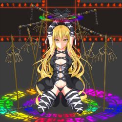 Rule 34 | &gt;:), 1girl, armpits, arms up, bdsm, blonde hair, bondage, bound, bound wrists, breasts, chain, cleavage, female focus, gmot, highres, hijiri byakuren, kneeling, large breasts, long hair, looking at viewer, navel, restrained, shakujou, siddham, smile, solo, sorcerer&#039;s sutra scroll, staff, thighhighs, touhou, v-shaped eyebrows, very long hair, yellow eyes