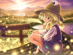 Rule 34 | 1girl, aozora market, arm support, blonde hair, female focus, field, glowing, gradient background, hat, holding, moriya suwako, nature, outdoors, plant, rooftop, skirt, sky, solo, squatting, sunlight, sunset, torii, touhou, wheat