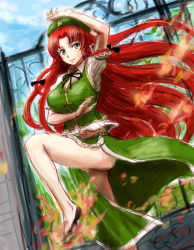 Rule 34 | 1girl, bad id, bad pixiv id, blue eyes, braid, breasts, chinese clothes, female focus, fighting stance, hat, hong meiling, legs, long hair, nature, outdoors, plant, red hair, sketch, skirt, sky, solo, tafuto, touhou, twin braids