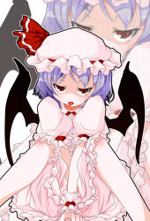 Rule 34 | 1girl, ;p, bad id, bad pixiv id, bat wings, bow, frills, hat, hat bow, jitome, ko-chin, light purple hair, one eye closed, red eyes, remilia scarlet, short hair, sitting, solo, tongue, tongue out, touhou, wings, wink