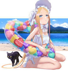 Rule 34 | 1girl, abigail williams (fate), abigail williams (swimsuit foreigner) (fate), abigail williams (swimsuit foreigner) (third ascension) (fate), bare shoulders, beach, bikini, black cat, blonde hair, blue eyes, blue sky, blush, bonnet, bow, breasts, cat, day, fate/grand order, fate (series), forehead, highres, illyasviel von einzbern, illyasviel von einzbern (swimsuit archer), innertube, legs, long hair, looking at viewer, multiple bows, open mouth, parted bangs, shore, sidelocks, sitting, sky, small breasts, solo, swim ring, swimsuit, tsuchifumazu, twintails, very long hair, wariza, white bikini, white bow, white headwear