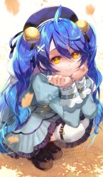 Rule 34 | 1girl, ahoge, amamiya kokoro, amamiya kokoro (1st costume), anywhere knock, arms up, bell, beret, blue dress, blue hair, blue hat, brown footwear, closed mouth, commentary request, commission, dress, eyes visible through hair, frilled dress, frills, full body, hair bell, hair between eyes, hair ornament, hat, highres, jingle bell, juliet sleeves, long hair, long sleeves, looking at viewer, nijisanji, puffy sleeves, shoes, skeb commission, smile, solo, squatting, thighhighs, twintails, twitter username, very long hair, virtual youtuber, white thighhighs, x hair ornament, yellow eyes