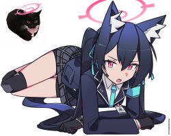 Rule 34 | 1girl, animal ear fluff, animal ears, armband, black gloves, blazer, blue archive, blue armband, blue hair, blue jacket, blue necktie, blue ribbon, cat, cat ears, collared shirt, crossed arms, dark blue hair, earpiece, english text, fang, gloves, grey skirt, hair ribbon, highres, id card, jacket, long hair, looking at viewer, lying, necktie, on stomach, open mouth, photo inset, plaid, plaid skirt, red eyes, reference photo, ribbon, school uniform, serika (blue archive), shirt, simple background, skirt, solo, tsunderemaids, twintails, twitter username, white background