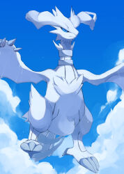 Rule 34 | blue eyes, claws, closed mouth, cloud, commentary, creatures (company), day, frown, game freak, gen 5 pokemon, highres, kou11021301, legendary pokemon, looking down, nintendo, no humans, outdoors, pokemon, pokemon (creature), reshiram, solo, symbol-only commentary, white fur