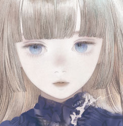 Rule 34 | 1girl, blue eyes, blunt bangs, brown hair, close-up, closed mouth, expressionless, eyelashes, high collar, highres, lips, long hair, looking at viewer, matayoshi, original, pale skin, portrait, signature, solo, straight-on, straight hair