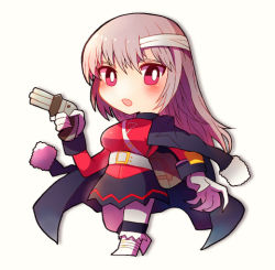 Rule 34 | 1girl, belt, blush, boots, breasts, chibi, coat, fate/grand order, fate (series), florence nightingale (fate), gloves, grey hair, gun, long hair, lowres, open mouth, pants, pink eyes, skirt, weapon