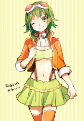 Rule 34 | 1girl, breasts, goggles, goggles on head, green eyes, green hair, gumi, jacket, looking at viewer, matching hair/eyes, gumi (v3 megpoid), midriff, navel, one eye closed, short hair, skirt, small breasts, smile, solo, suspenders, tama (songe), thighhighs, underboob, vocaloid, wink, zettai ryouiki