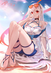 Rule 34 | 1girl, absurdres, ahoge, arknights, bare shoulders, black choker, black poi, blue shorts, breasts, chinese commentary, choker, cleavage, commentary request, eyewear on head, hair between eyes, hand up, highres, knees up, large breasts, long hair, looking at viewer, medium breasts, no headwear, off-shoulder shirt, off shoulder, official alternate costume, parted lips, red eyes, sandals, shirt, short shorts, short sleeves, shorts, silver hair, sitting, skadi (arknights), skadi (waverider) (arknights), solo, sunglasses, thigh strap, thighs, very long hair, white shirt