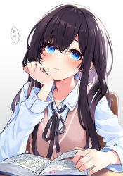 Rule 34 | 1girl, ao no neko, black hair, black ribbon, blue eyes, blush, book, chair, collared shirt, desk, gradient background, grey background, hair between eyes, hand up, highres, long hair, long sleeves, looking at viewer, neck ribbon, on chair, open book, original, parted lips, ribbon, school chair, school desk, school uniform, shirt, sitting, solo, sweater vest, translation request, wavy mouth, white background, white shirt