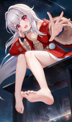 Rule 34 | 1girl, bare legs, barefoot, blush, brown sweater, clara (honkai: star rail), commentary, feet, ginn (hzh770121), grey hair, highres, honkai: star rail, honkai (series), jacket, long hair, long sleeves, open mouth, reaching, reaching towards viewer, red eyes, red jacket, single bare shoulder, sitting, soles, solo, sweater, toenails, toes