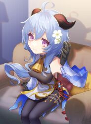 Rule 34 | 1girl, ahoge, bare shoulders, bell, black gloves, black pantyhose, blue hair, breasts, chinese knot, couch, detached sleeves, flower, flower knot, ganyu (genshin impact), genshin impact, gloves, gold trim, hair flower, hair ornament, highres, long hair, looking at viewer, medium breasts, neck bell, pantyhose, purple eyes, qingxin flower, samita, sidelocks, sitting, smile, solo, thighlet, thighs, vision (genshin impact), white flower, white sleeves