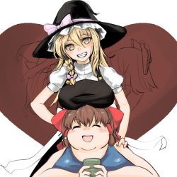 Rule 34 | 2girls, black headwear, black vest, blonde hair, blue one-piece swimsuit, blush, bow, braid, breast rest, breasts, breasts on head, brown hair, candy, chocolate, chocolate heart, closed eyes, commentary request, cookie (touhou), cup, fat, food, grin, hair between eyes, hair tubes, hakurei reimu, hat, hat bow, heart, highres, holding, holding cup, kirisame marisa, large breasts, long hair, looking at viewer, multiple girls, okasan01, one-piece swimsuit, open mouth, puffy short sleeves, puffy sleeves, purple bow, red bow, reu (cookie), shirt, short sleeves, side braid, single braid, smile, swimsuit, touhou, upper body, uzuki (cookie), vest, white background, white shirt, witch hat, yellow eyes, yunomi