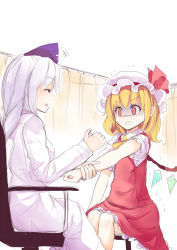 Rule 34 | +++, 2girls, blonde hair, chair, clenched teeth, culter, dress, closed eyes, flandre scarlet, hat, hat ribbon, holding another&#039;s wrist, lab coat, long sleeves, mob cap, multiple girls, nurse cap, pointy ears, red dress, red eyes, ribbon, shirt, short sleeves, silver hair, sitting, smile, syringe, tears, teeth, touhou, trembling, wings, yagokoro eirin