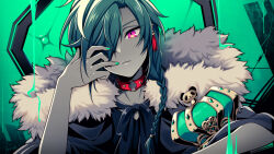 Rule 34 | 1boy, braid, character request, chiyu (silverxxxx), choker, closed mouth, commentary request, copyright request, crown, earrings, fingernails, fur trim, green nails, hair over one eye, hair over shoulder, hand up, jewelry, king (vocaloid), long hair, looking at viewer, male focus, partial commentary, pink eyes, red choker, single braid, solo, upper body, virtual youtuber
