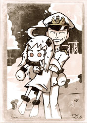 Rule 34 | 1boy, 1girl, :d, admiral (kancolle), ahoge, barefoot, clothing cutout, commentary request, dock, dress, closed eyes, facing viewer, gloves, greyscale, hat, holding, holding person, kantai collection, looking at viewer, military hat, mittens, monochrome, navel cutout, northern ocean princess, open mouth, pale skin, peaked cap, photo-referenced, red eyes, setz, short dress, smile, standing, sweatdrop, white dress, white gloves, white hair, wide-eyed, wrist cuffs