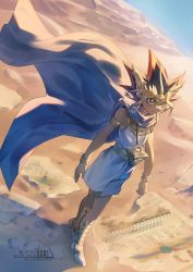 Rule 34 | 1boy, armlet, atem, blonde hair, bracelet, cape, closed mouth, commentary request, day, floating cape, full body, fushitasu, jewelry, male focus, millennium puzzle, multicolored hair, outdoors, sand, shoes, solo, spiked hair, standing, twitter username, watermark, yu-gi-oh!, yu-gi-oh! duel monsters